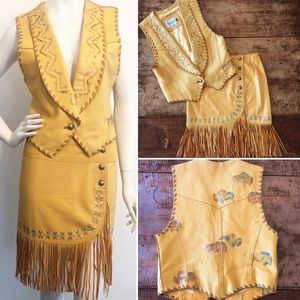 BOHO Vintage FRINGE LEATHER Skirt Vest Dress Set